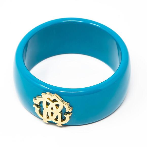 Authentic Roberto Cavalli Teal Blue Bangle Bracelet Plastic Gold Tone Logo Large - Picture 4 of 6